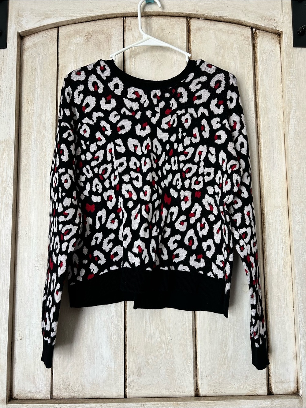 Leopard Print Crewneck Sweater in Black, White & Red